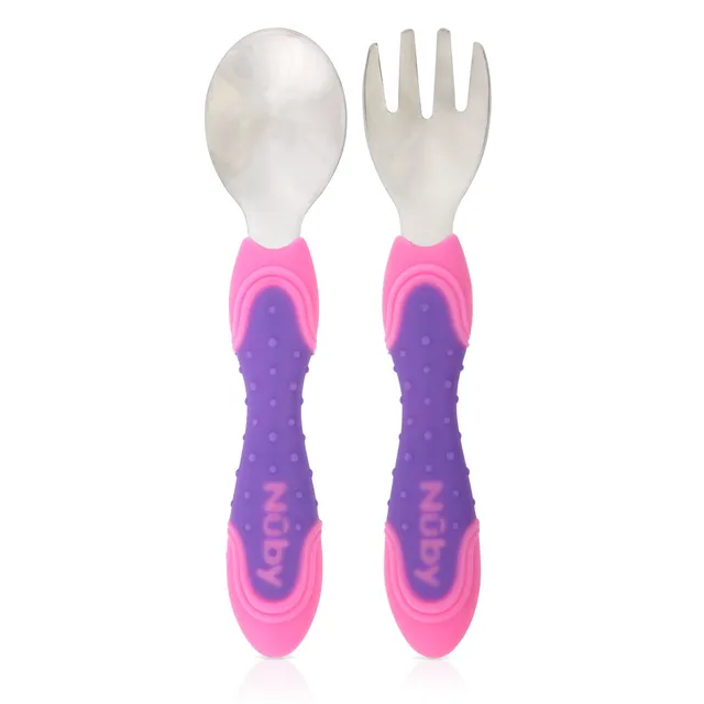 nuby-set-2-posate-in-acciaio-inossidabile-bambini-rosa-viola-12-mesi image 1