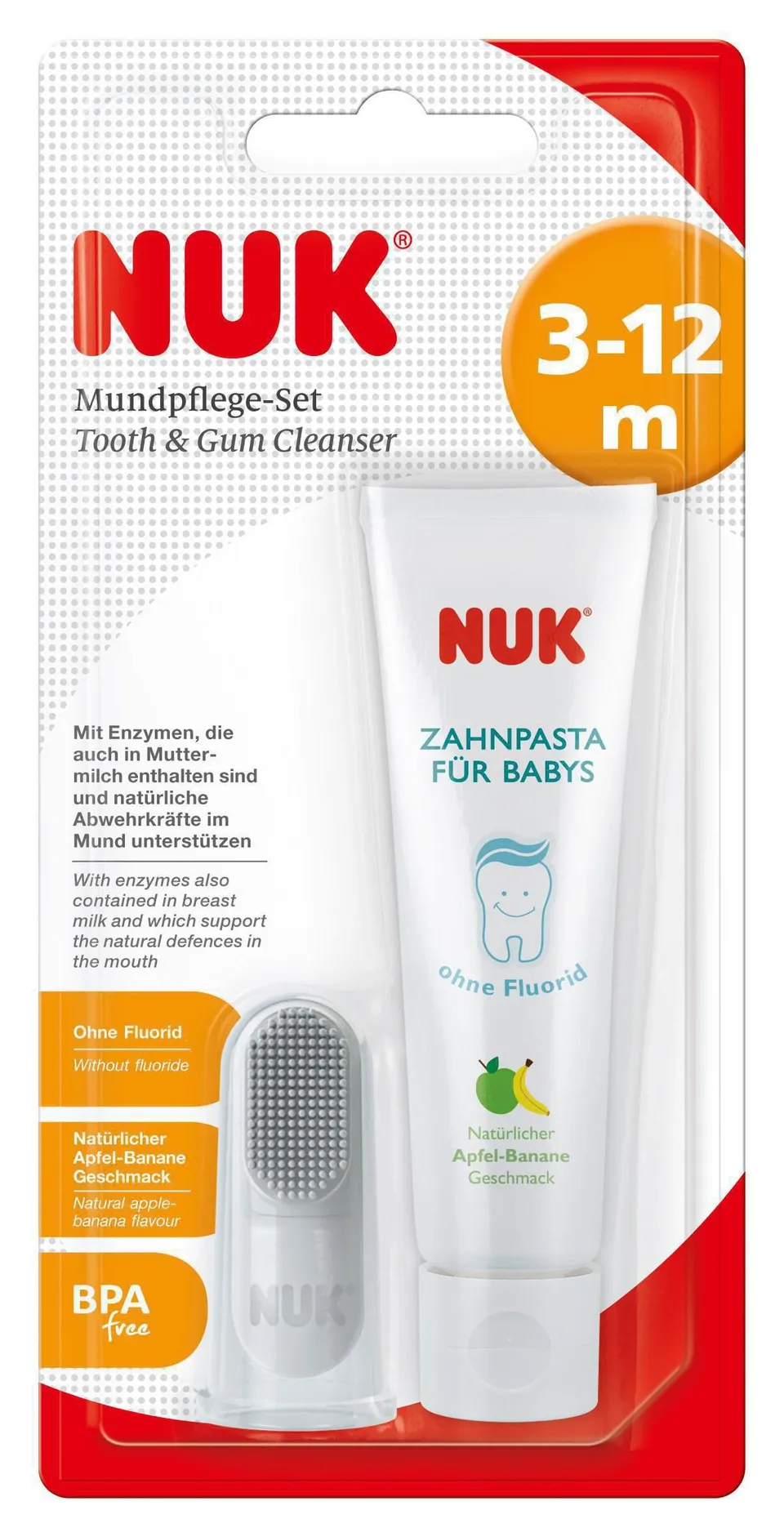 nuk-set-igiene-orale-bambini-dentifricio-mela-banana-e-spazzolino-da-dito-senza- image 1