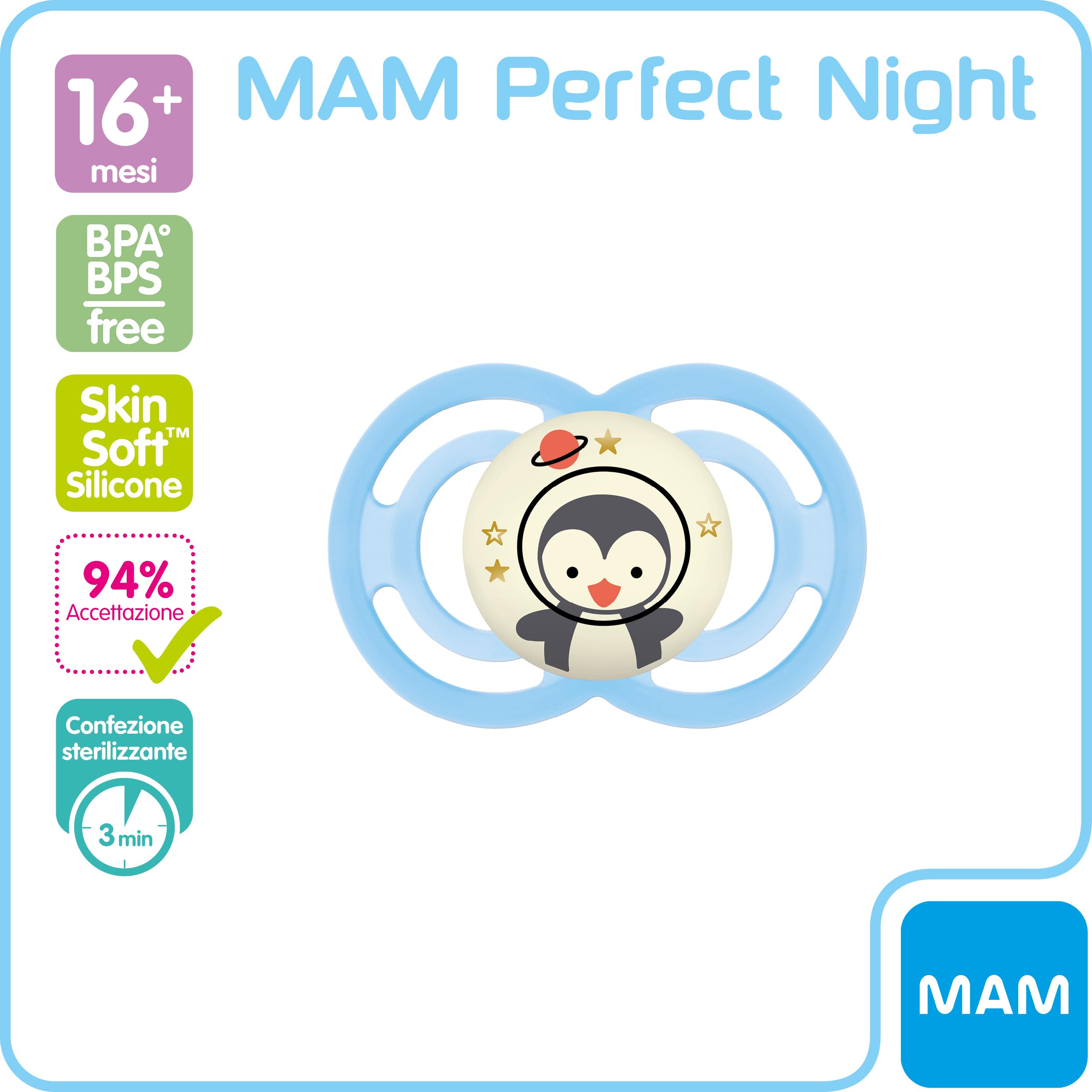 mam-perfect-night-ciuccio-ortodontico-luminoso-in-silicone-skinsoft-16-mesi-azzu image 2