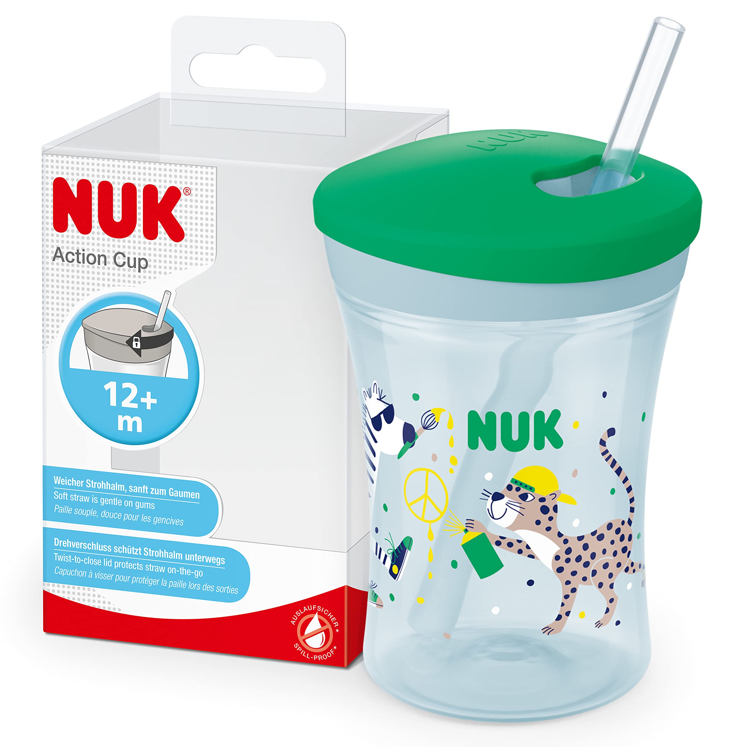 nuk-action-cup-bicchiere-con-cannuccia-leopardo-verde-230-ml-12-mesi-antigoccia- image 1