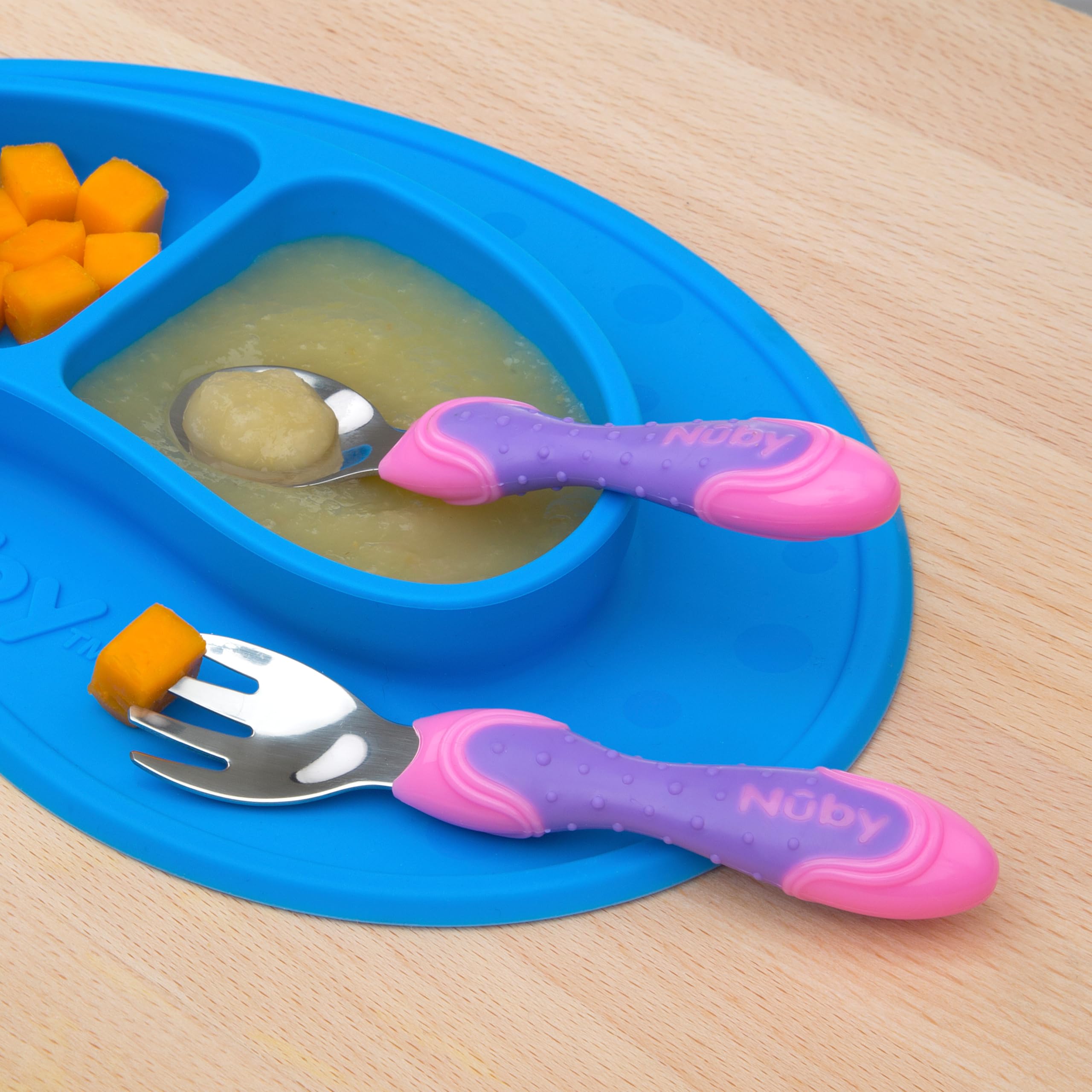 nuby-set-2-posate-in-acciaio-inossidabile-bambini-rosa-viola-12-mesi image 3
